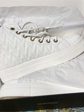 Valentino White Quilted High-Top Sneakers with Gold Eyelets
